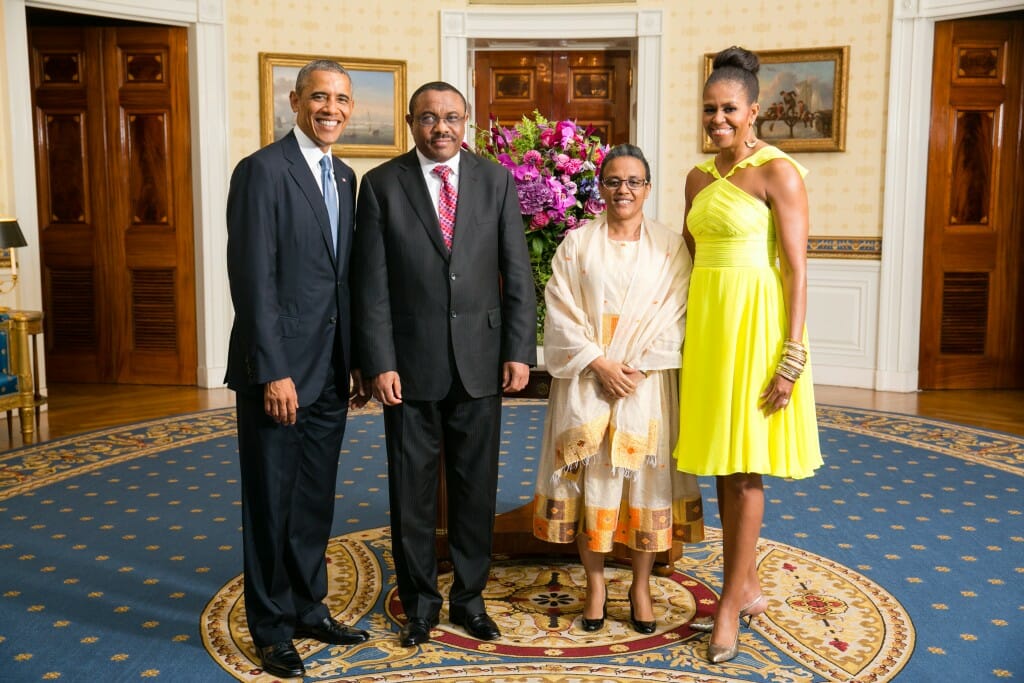 President Barack Obama and First Lady Michelle Obama greet His Excellency Hailemariam Desalegn, Prime Minister of the Federal Democratic Republic of Ethiopia, and Ms. Roman Tesfaye, in the Blue Room during a U.S.-Africa Leaders Summit dinner at the White House, Aug. 5, 2014. (Official White House Photo by Amanda Lucidon)