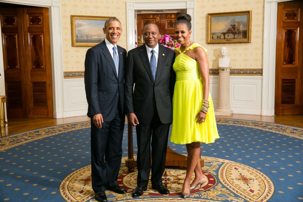 President Barack Obama and First Lady Michelle Obama greet His Excellency Uhuru Kenyatta, President of the Republic of Kenya, in the Blue Room during a U.S.-Africa Leaders Summit dinner at the White House, Aug. 5, 2014. (Official White House Photo by Amanda Lucidon)