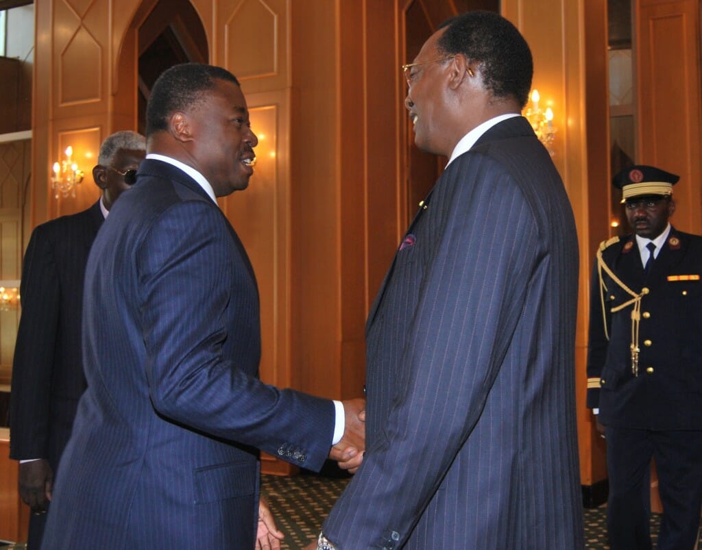 Togo's president Faure Gnassingbe, left, hosts his peer from Chad, President Idriss Deby Itno at the presidential palace in Lome.