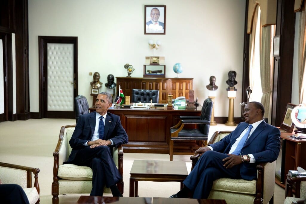 Then-U.S. President Barack Obama, left, is hosted by Kenya's president Uhuru Kenyatta in Nairobi in July 2015. 