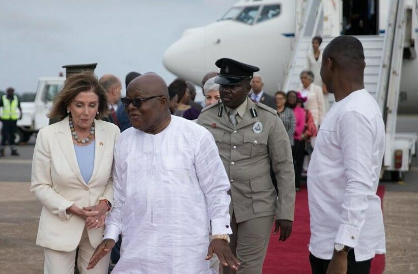 Speaker Nancy Pelosi, left front row, is welcomed at the airport (along with the American delegation) by the Ghanaian president.