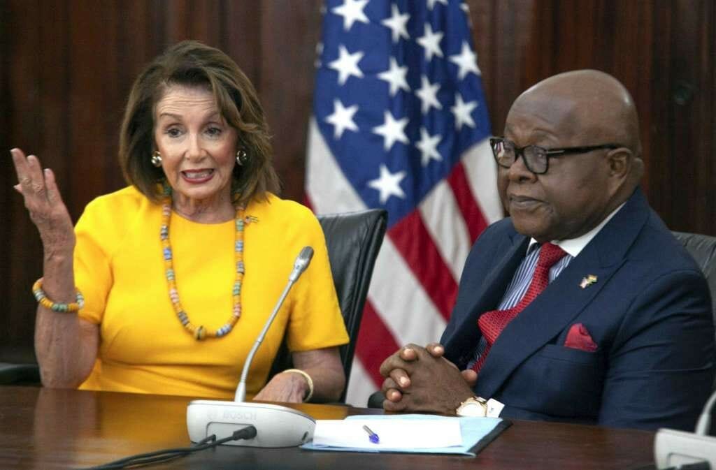 US House Speaker Nancy Pelosi speaks with Speaker of the Parliament Aaron Mike Oquaye at Ghana's Parliament in Accra, Ghana, Wednesday, July 31, 2019