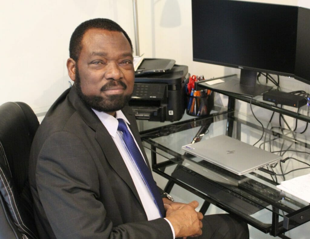 The African founder and publisher Soumanou Salifou sitting at his workstation in his office in Ashburn, Virginia in a picture taken in 2020