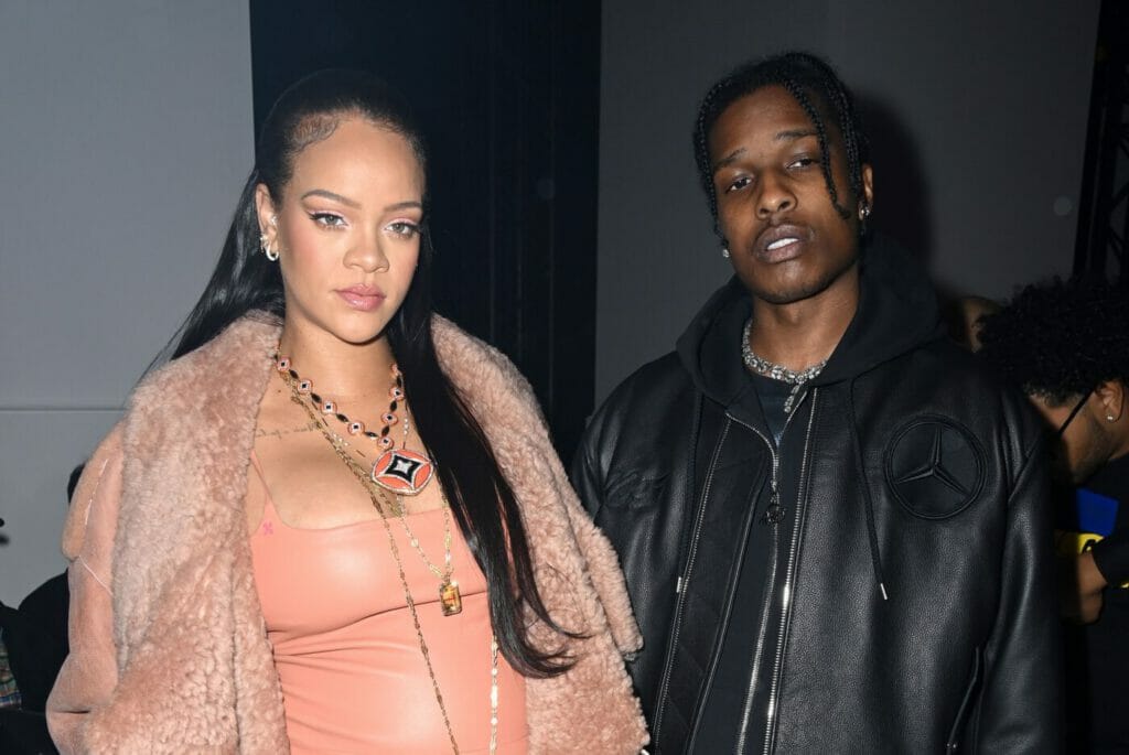 Rihanna, left, and ASAP Rocky arrive for the Off-White Ready To Wear FallWinter 2022-2023 fashion collection, unveiled during the Fashion Week in Paris, Monday, Feb. 28, 2022 (Photo by: Vianney Le Caer/Vianney Le Caer/Invision/AP)
