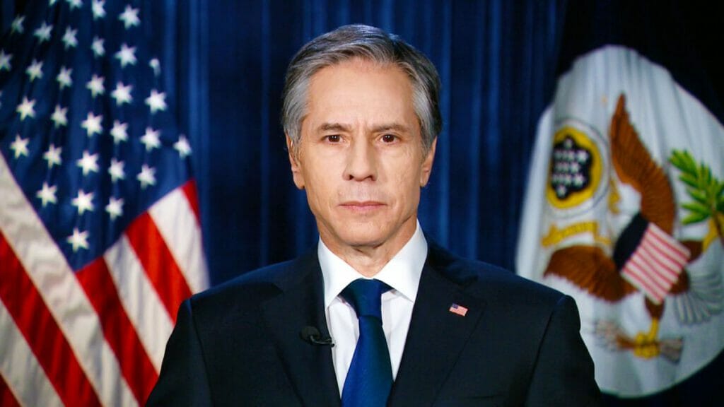 U.S. Secretary of State Antony Blinken addesses repoters at the State Department
