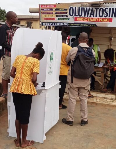 Voting in progress at polling unit 025, Ifako Ijaiye, Lagos