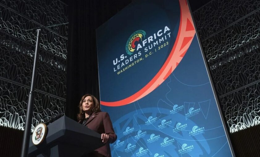 Vice President Kamala Harris addresses the US-Africa Leaders Summit held in mid-December 2022 in Washington.