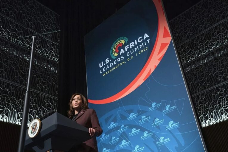 Vice President Kamala Harris addresses the US-Africa Leaders Summit held in mid-December 2022 in Washington.
