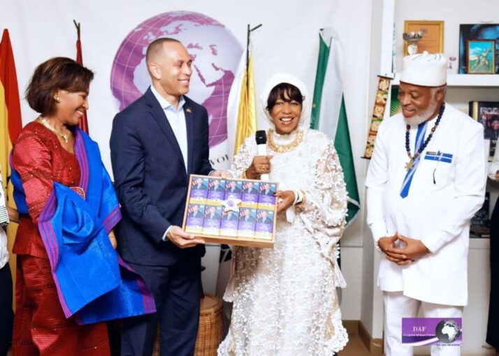 Congressman Hakeem Jeffries is presented with a customised chocolate made in Ghana with his picture on it.