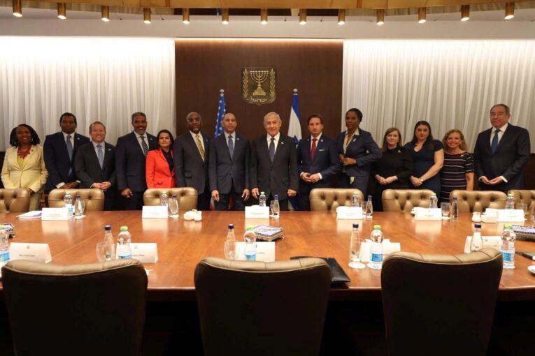 Israel's Prime Minister Benjamin Netanyahu hosts the delegation of U.S. lawmakers led by the U.S. Minority Leader of the House, Hakeem Jeffries