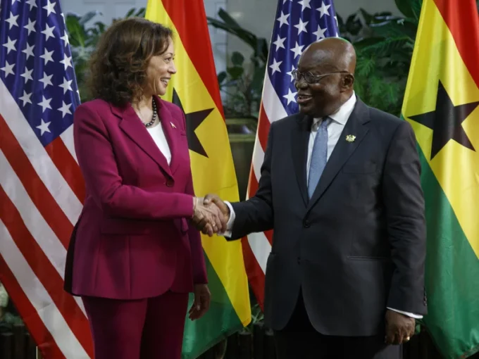 Vice President Kamala Harris shake hands with Ghanaian President Nana Akufo-Addo