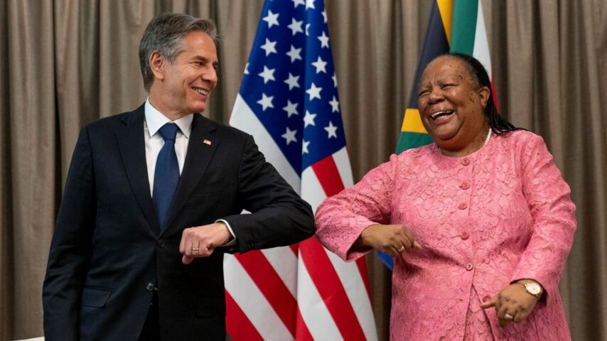 U.S. Secretary of State Antony Blinken and South Africa's Foreign Minister Naledi Pandor exchange pandemic-era greetings