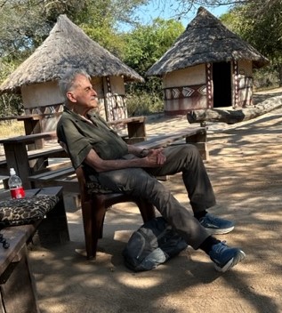 Jeff, in Nungu camp, where we live in African rondavels