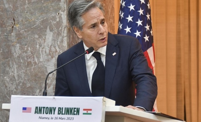 U.S. Secretary of State Antony Blinken speaks to the press during his historic visit to Niamey, the capital of Niger in March 2023