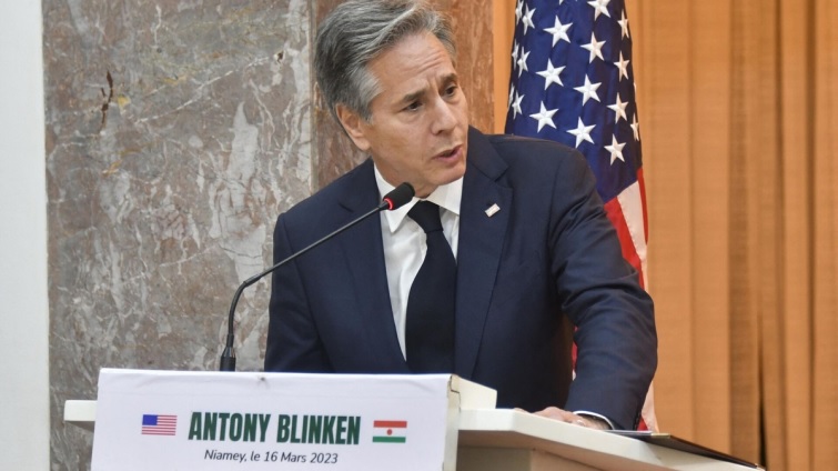 U.S. Secretary of State Antony Blinken speaks to the press during his historic visit to Niamey, the capital of Niger in March 2023
