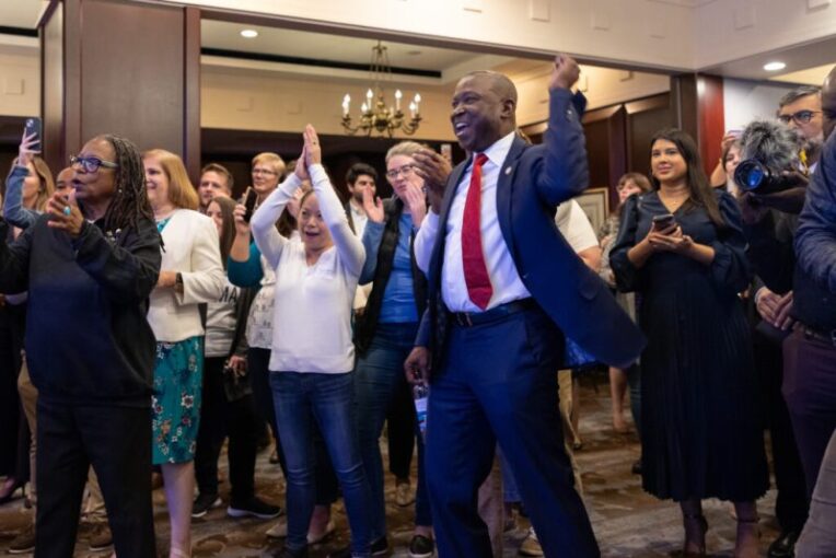 Senator Don Scott (D-Portsmouth) cheers as election results are announced during the Democratic Election Night Party in Richmond City, Va., November 7, 2023.