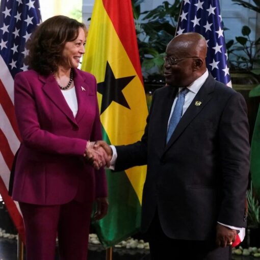 Vice President Kamala Harris shakes hands with Ghanaian President Nana Akufo-Addo during her visit to Ghana in March 2023. Photo Reuters.