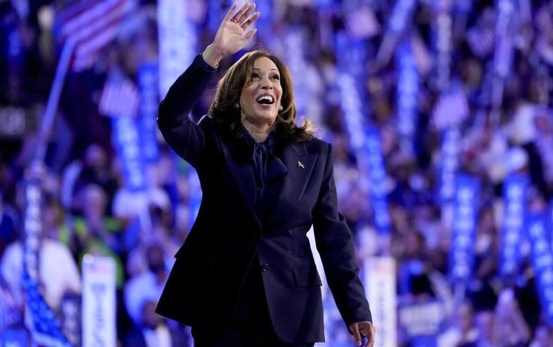 Democratic nominee, Vice President Kamala Harris, waves to the crowd during the closing of the party's convention on August 22, in Chicago