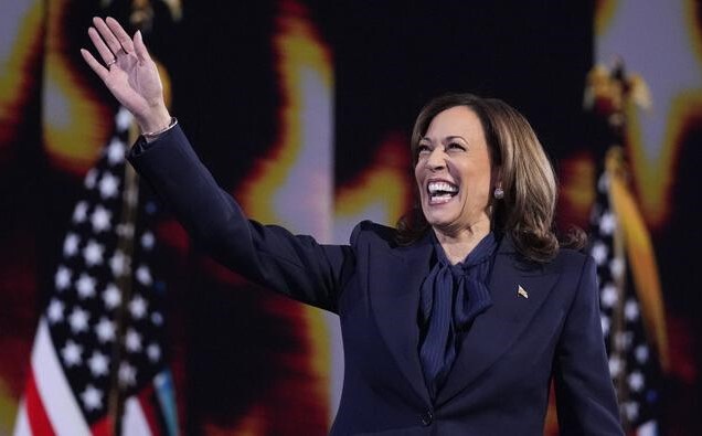 Vice President Kamala Harris accepts the nomination of her party for the presidency on Aug, 22 in Chicago. Image courtesy AP.