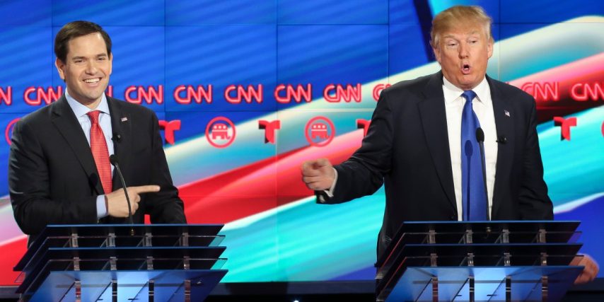 Sen. Marco Rubio and Republican front-runner Donald Trump attacked each other on stage at the CNN GOP debate in Houston, Texas on February 25, 2016 during the nasty Republican campaign that year.