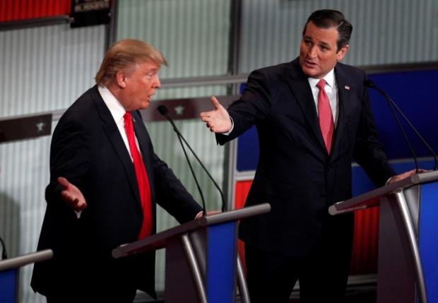 Then presidential candidates Donald Trump (left) and Senator Ted Cruz of Texas engage in a heated discussion during the 2016 presidential election.