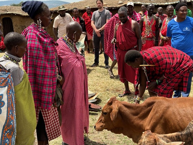 Maasai community members collectively deciding who among them is the most in need, and presenting the chosen community members in need with a gift of cows.