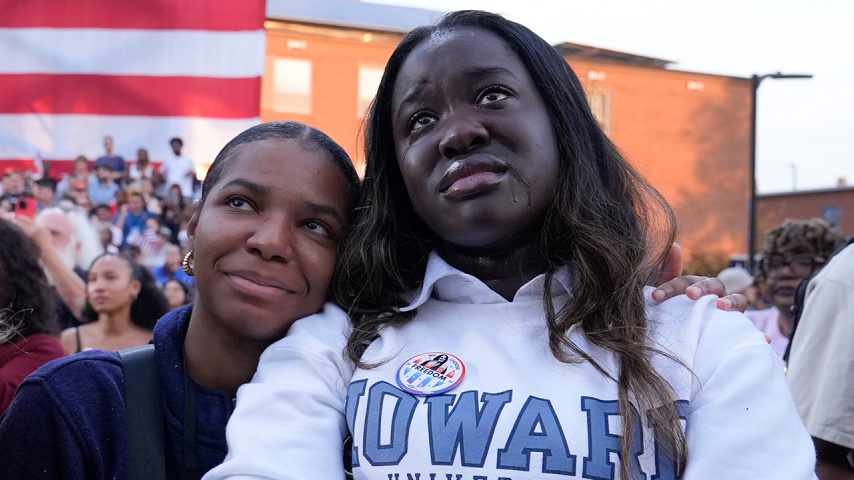 Supporters watch as Vice President Kamala Harris delivers a concession speech for the 2024 presidential election, Nov. 6, 2024