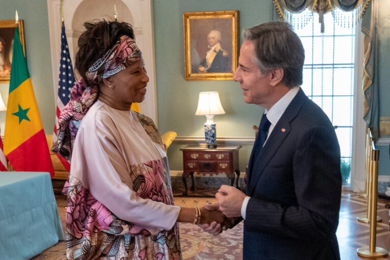 Warm handshake between U.S. Secretary of State Antony Blinken and Senegalese Foreign Minister Aissata Tall Sall
