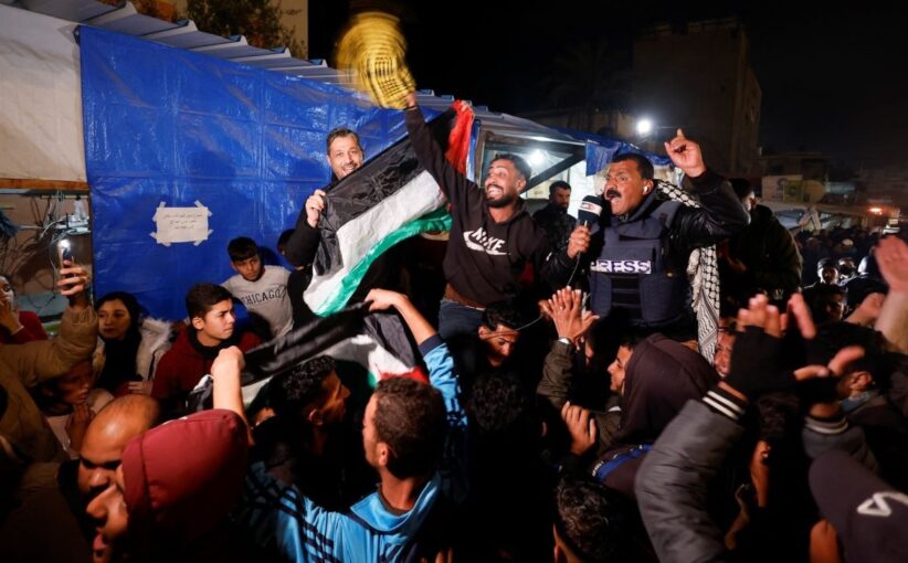 Palestinians react to news of a ceasefire between Israel and Hamas. Image by Mohammed Salem for Reuters