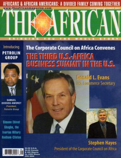 This September-October 2001 issue of The African featuring then-U.S. Commerce Secretary Donald L. Evans and the president of the Corporate Council on Africa highlights the magazine's focus on U.S.-Africa trade