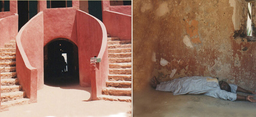 On the left: The African magazine team at the Door-of-no-return during a visit to the ill-fame slave depot on Goree Island, Senegal, in 1995. On the right: Soumanou Salifou lies down in one of the slave dungeon. Images by Assane Diop.