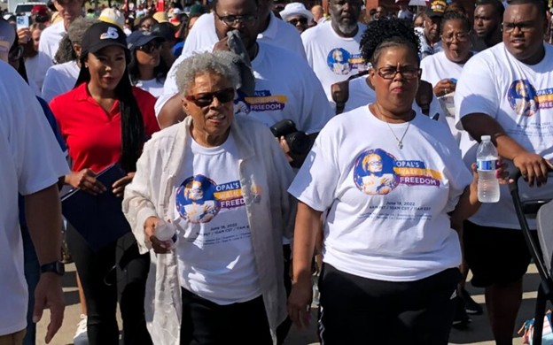 Juneteenth grandmother Opal Lee, second from left in the front row, leads her traditional Juneteenth Walk for Freedom.