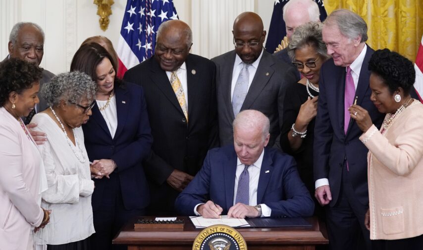 President Biden signs the Juneteenth National Independence Day Act in the East Room of the White House on June 17, 2021. Image courtesy of the White House.