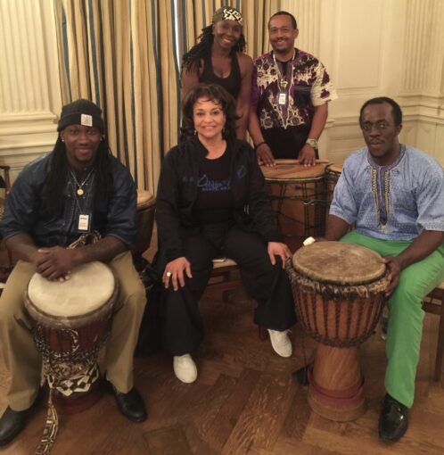 Dancers/choreographers (including members of KanKouran) invited by First Lady Michelle Obama to the White House to choreograph dance routines to be performed by children who were selected to be a part of a Black History Month event/performance. Seated, from left to right: Kuumba King, Debbie Allen, and Roy Horton. Standing, an unidentified lady and Ali Rahmaan, KanKouran’s executive director. Imgage courtesy of KanKouran. 