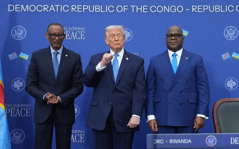 Left to right Rwanda President Paul Kagame, US President Donald Trump and RDC President Felix Thisekedi.