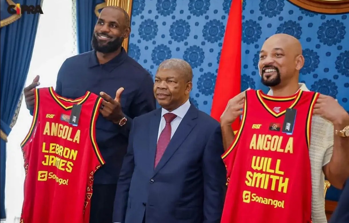 Angola's president, João Lourenço, hosts NBA star LeBron James, left, and actor Will Smith at the presidential palace in Luanda on Sunday, September 13, as the basketball icon visits the motherland for the first time.