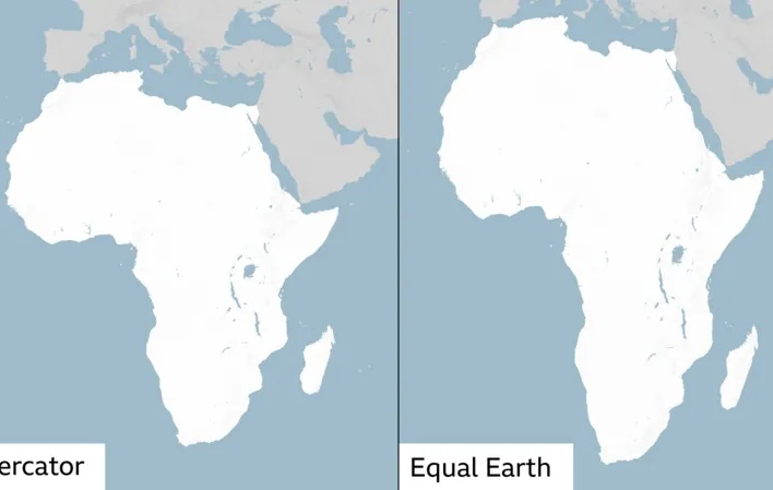The Mercator map on the right, the Equal Earth map on the left